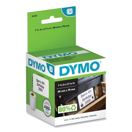 DYMO Label for VHS Top, 150/Roll, White, White, Black 30326